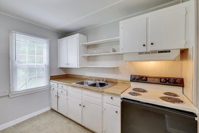 kitchen with white range with electric cooktop, white cabinets, sink, a wealth of natural light, and extractor fan