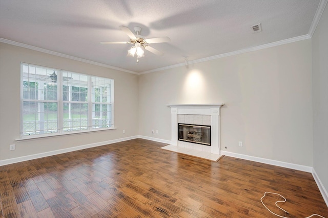 5107 Windmill Pl, Evans, GA 30809 - unfurnished living room featuring a ceiling fan, wood finished floors, ornamental molding, and a fireplace