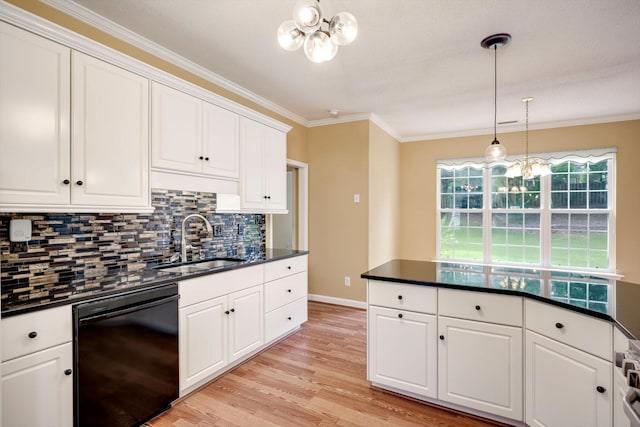 5107 Windmill Pl, Evans, GA 30809 - kitchen featuring black dishwasher, a chandelier, dark countertops, tasteful backsplash, and crown molding