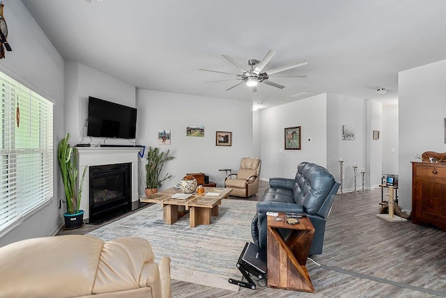 3076 White Gate Loop, Aiken, SC 29801 - living area featuring a ceiling fan, a glass covered fireplace, and wood finished floors