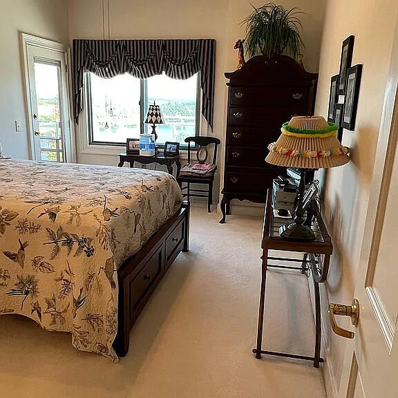 bedroom featuring multiple windows, light colored carpet, and access to exterior