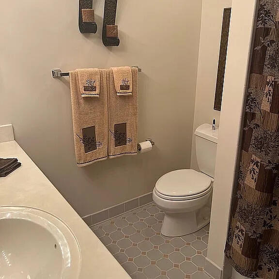 bathroom featuring tile patterned flooring, vanity, and toilet