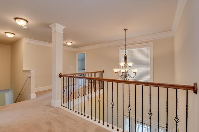 3051 Parkridge Dr, Grovetown, GA 30813 - hallway featuring an upstairs landing, a chandelier, carpet flooring, crown molding, and baseboards