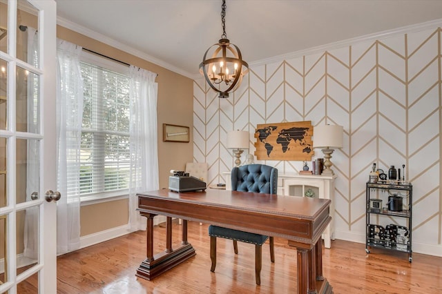 4002 Backwater Ct, Evans, GA 30809 - office area with light wood-style flooring, crown molding, an inviting chandelier, and baseboards