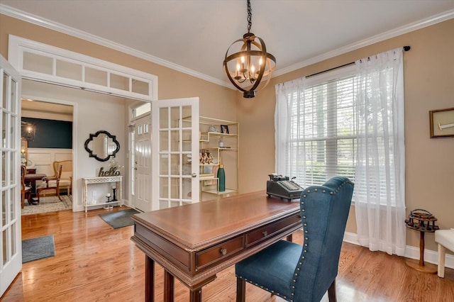 4002 Backwater Ct, Evans, GA 30809 - office with light wood finished floors, french doors, an inviting chandelier, and ornamental molding