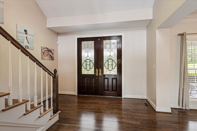698 Heggies Ridge Dr, Appling, GA 30802 - entrance foyer with wood finished floors, stairs, baseboards, and french doors