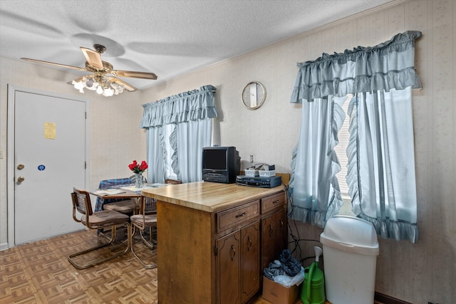 3415 Pine Hill Rd, Hephzibah, GA 30815 - kitchen featuring a textured ceiling, ceiling fan, and an office area