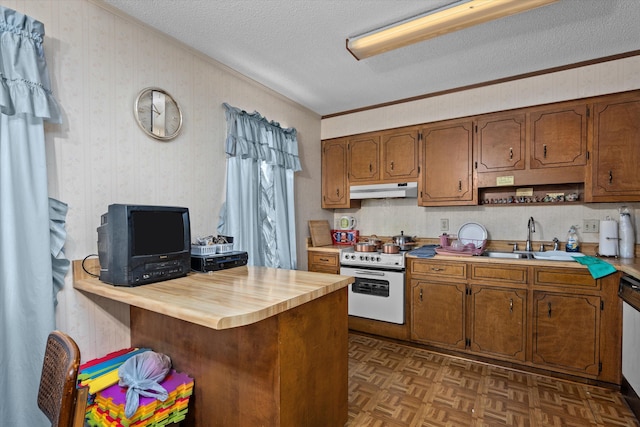 3415 Pine Hill Rd, Hephzibah, GA 30815 - kitchen featuring white appliances, under cabinet range hood, a textured ceiling, brown cabinetry, and crown molding