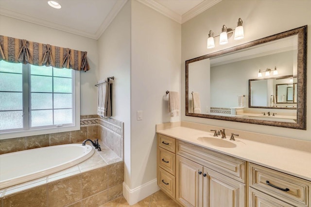 bathroom featuring tile patterned flooring, ornamental molding, tiled tub, and vanity