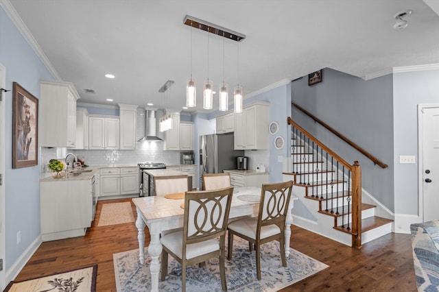 dining area featuring crown molding, dark wood-style floors, stairs, baseboards, and recessed lighting