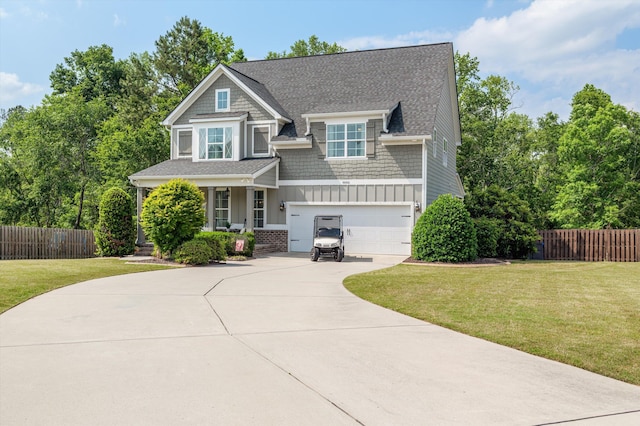craftsman-style home with board and batten siding, concrete driveway, a porch, a garage, and a shingled roof