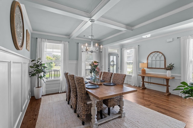 dining room featuring a decorative wall, a chandelier, coffered ceiling, beamed ceiling, and hardwood / wood-style floors
