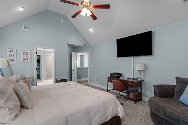 carpeted bedroom with high vaulted ceiling, baseboards, ceiling fan, ensuite bathroom, and recessed lighting