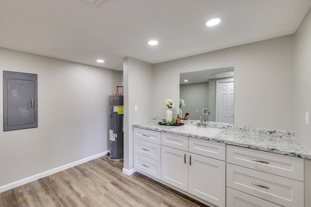 bathroom with vanity, hardwood / wood-style floors, electric water heater, and electric panel