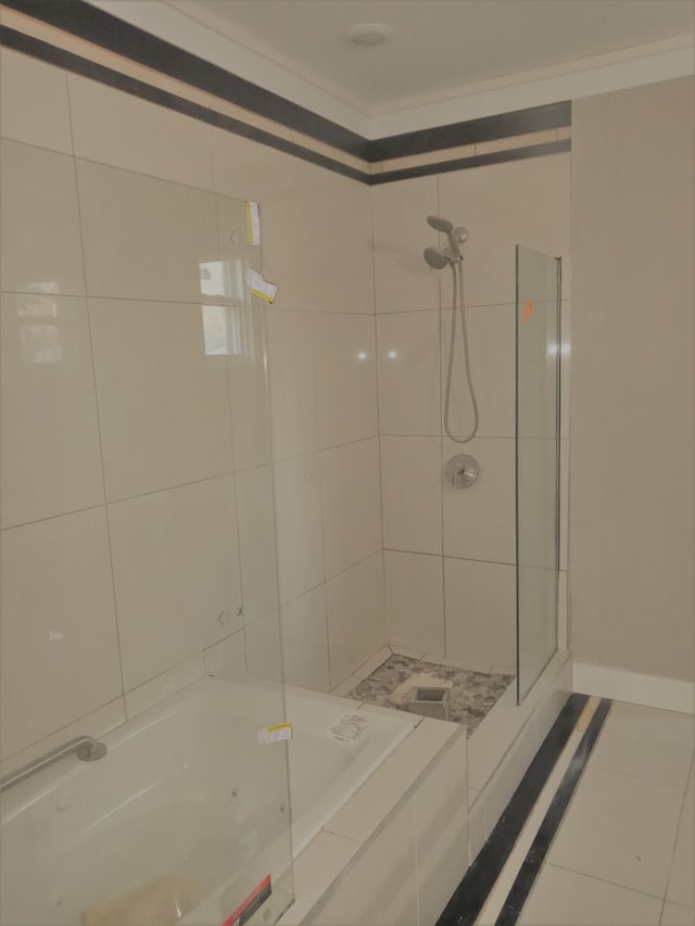 bathroom with crown molding, tile patterned flooring, and independent shower and bath