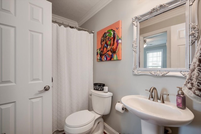 full bathroom with toilet, ornamental molding, a sink, and a shower with shower curtain