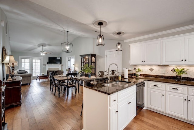 kitchen with light wood-type flooring, black dishwasher, a fireplace, and a sink