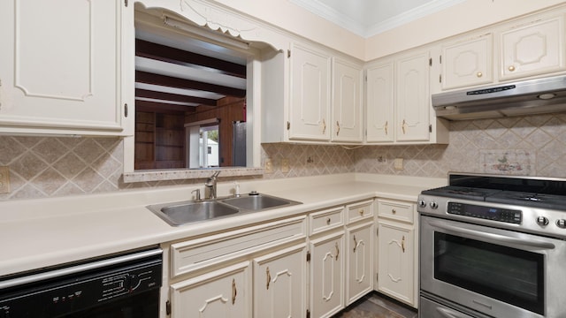 kitchen featuring light countertops, stainless steel range with gas stovetop, a sink, dishwasher, and under cabinet range hood