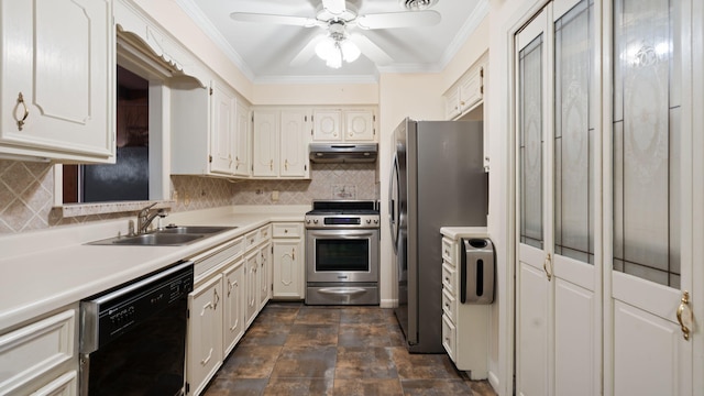 kitchen with under cabinet range hood, stainless steel appliances, a sink, light countertops, and crown molding