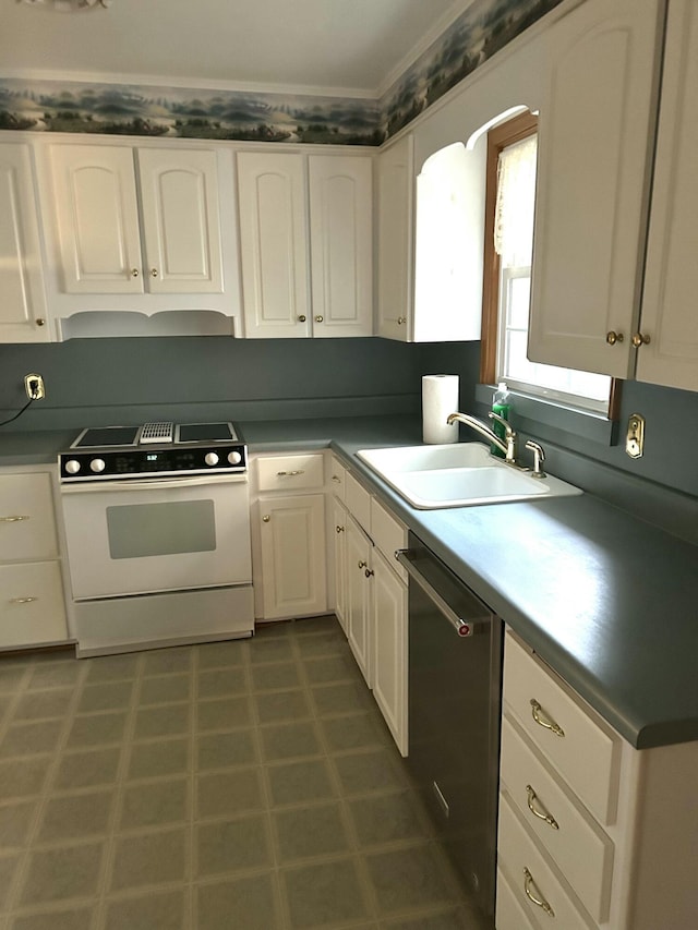 kitchen with dishwasher, sink, white cabinets, and white range with electric cooktop