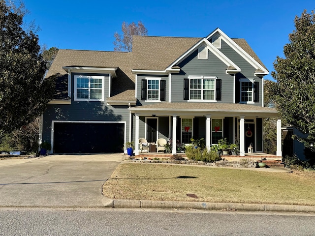 view of front of home with covered porch, a garage, and a front yard