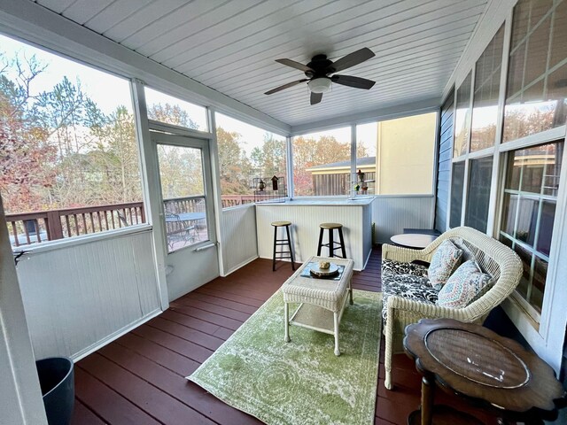 sunroom / solarium featuring ceiling fan