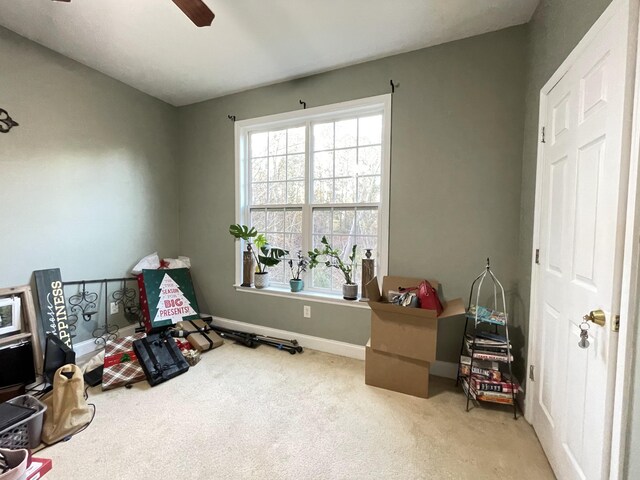 misc room featuring carpet flooring and ceiling fan