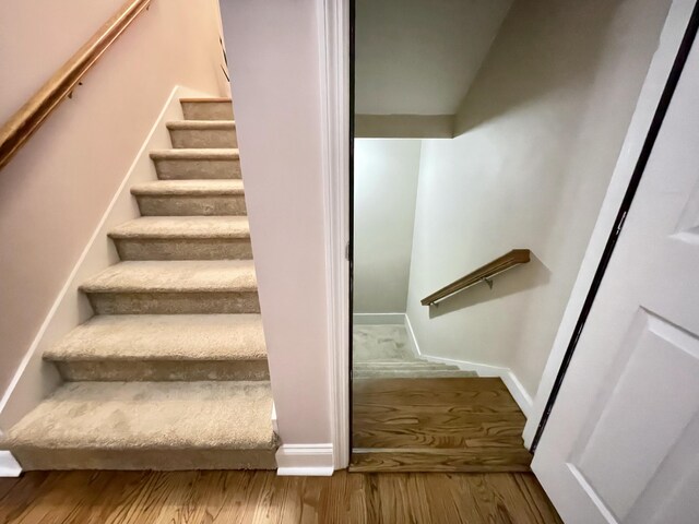 staircase with hardwood / wood-style floors