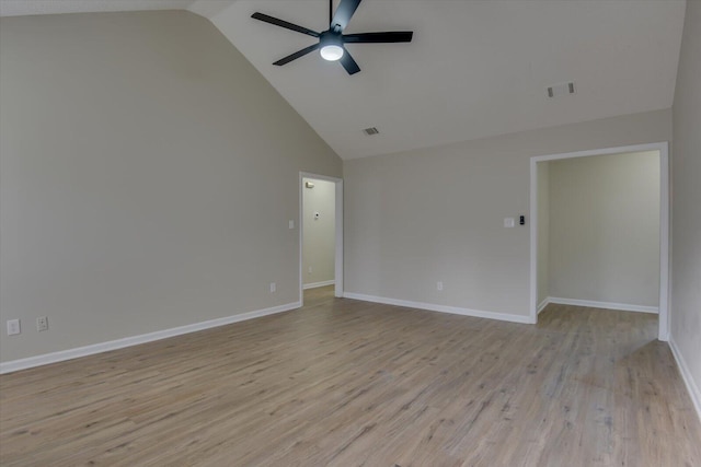empty room featuring high vaulted ceiling, light wood-style floors, visible vents, and ceiling fan