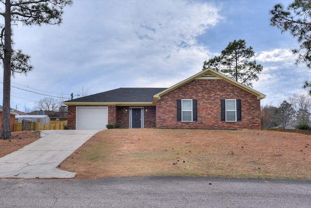 ranch-style home featuring an attached garage, driveway, fence, and brick siding