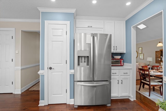 429 Cambridge Cir, Martinez, GA 30907 - kitchen featuring stainless steel fridge with ice dispenser, white cabinetry, dark wood finished floors, ornamental molding, and recessed lighting