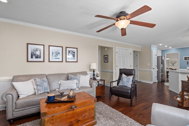 429 Cambridge Cir, Martinez, GA 30907 - living room featuring dark wood-style floors, crown molding, recessed lighting, and ceiling fan