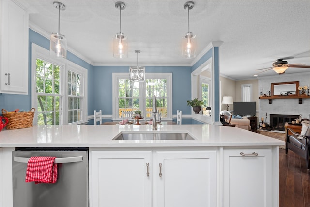 429 Cambridge Cir, Martinez, GA 30907 - kitchen with dishwasher, open floor plan, light countertops, dark wood-type flooring, and a textured ceiling
