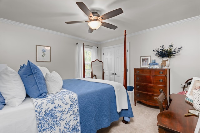 429 Cambridge Cir, Martinez, GA 30907 - bedroom with ornamental molding, light colored carpet, a ceiling fan, and a closet