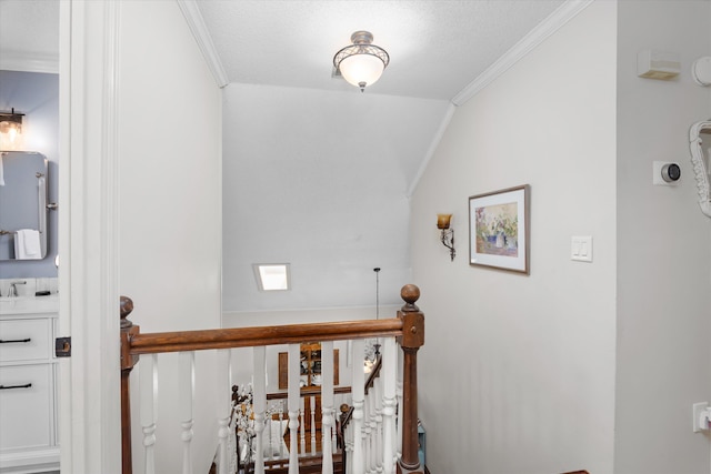 429 Cambridge Cir, Martinez, GA 30907 - corridor with ornamental molding, a textured ceiling, an upstairs landing, and lofted ceiling