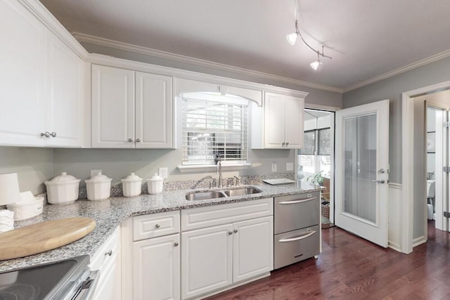 189 Mokateen Ave, North Augusta, SC 29841 - kitchen with white cabinetry, dark wood-style floors, appliances with stainless steel finishes, crown molding, and light stone countertops
