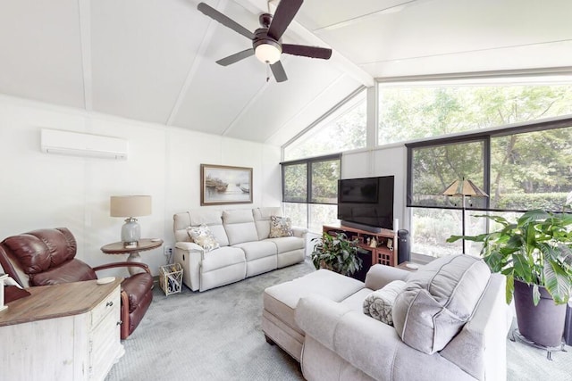 189 Mokateen Ave, North Augusta, SC 29841 - living area featuring an AC wall unit, carpet, beamed ceiling, ceiling fan, and high vaulted ceiling