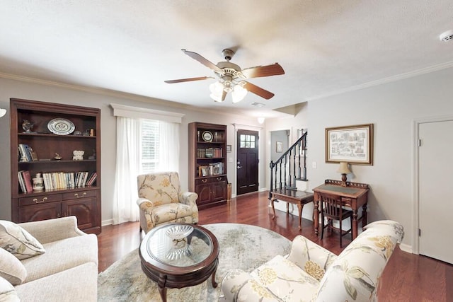 189 Mokateen Ave, North Augusta, SC 29841 - living area featuring stairs, a ceiling fan, wood finished floors, and ornamental molding