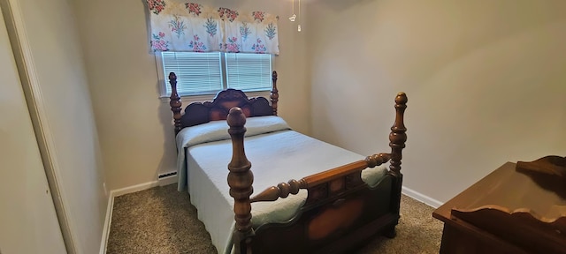 bedroom featuring dark colored carpet