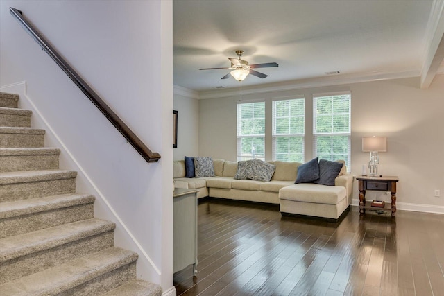 living room with crown molding, dark hardwood / wood-style flooring, and ceiling fan