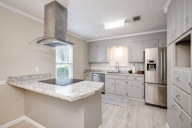 4122 Langley St, Martinez, GA 30907 - kitchen with appliances with stainless steel finishes, island range hood, light wood finished floors, a peninsula, and ornamental molding