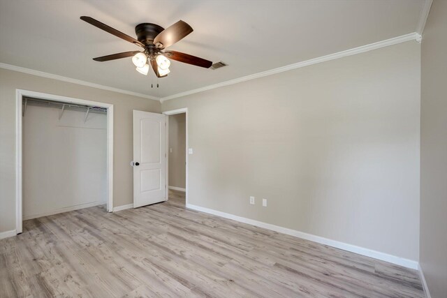 4122 Langley St, Martinez, GA 30907 - unfurnished bedroom with crown molding, light wood-style floors, a closet, and ceiling fan
