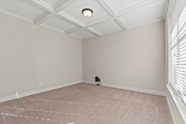 unfurnished room featuring light carpet, beamed ceiling, and coffered ceiling