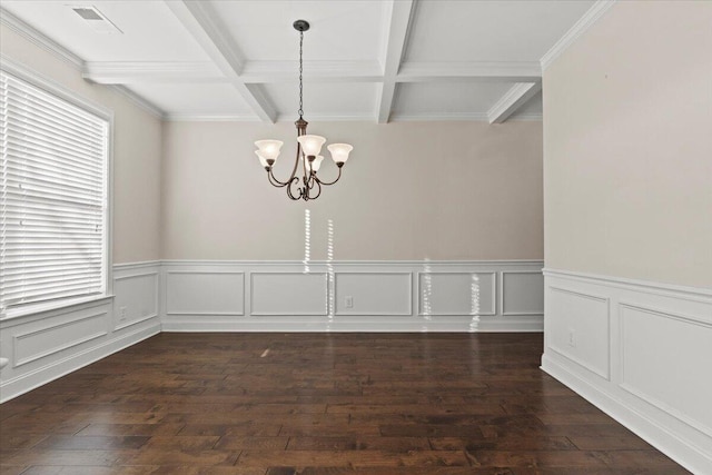 unfurnished dining area with coffered ceiling, beam ceiling, dark hardwood / wood-style floors, and a notable chandelier