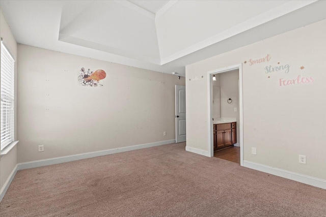 empty room featuring a tray ceiling and carpet flooring