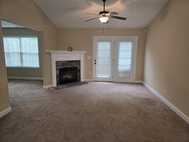 412 York Ln, Augusta, GA 30909 - unfurnished living room featuring carpet flooring, a ceiling fan, and a fireplace