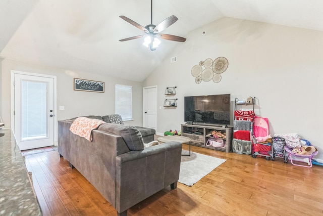 7105 Summerton Dr, Augusta, GA 30909 - living room featuring visible vents, high vaulted ceiling, a ceiling fan, and hardwood / wood-style floors