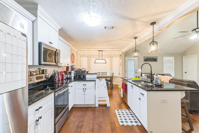 7105 Summerton Dr, Augusta, GA 30909 - kitchen featuring visible vents, a sink, appliances with stainless steel finishes, a peninsula, and dark wood-style floors