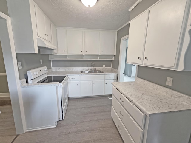 1005 Weston St, North Augusta, SC 29841 - kitchen featuring white electric stove, under cabinet range hood, a textured ceiling, light wood-type flooring, and light countertops