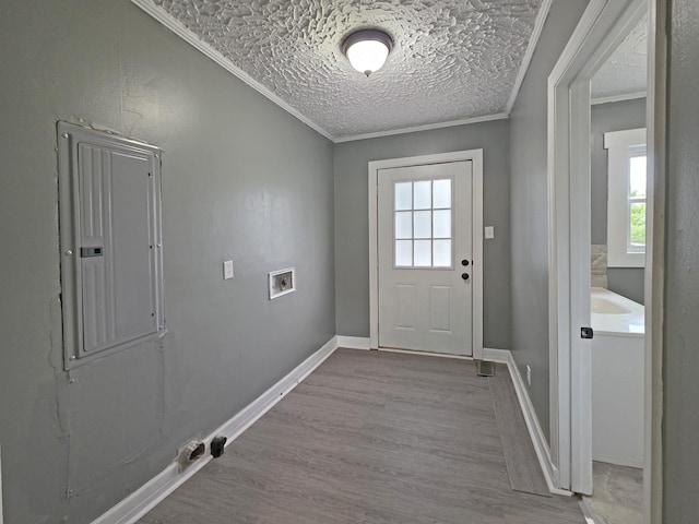 1005 Weston St, North Augusta, SC 29841 - doorway to outside with crown molding, wood finished floors, and a textured ceiling